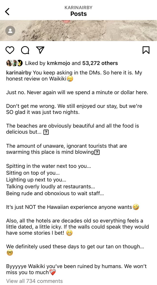 brookiesburner's tweet photo. PLOT TWIST: Imagine tourism in Hawai’i getting so bad that even the TOURISTS can’t stand the tourists 😂 Just saw this post by an Australian influencer, giving her “honest review” of Waikiki. Maybe ppl will finally realize the problem when it starts to ruin their dREaM vAcaY too https://t.co/gc1qbX4A62