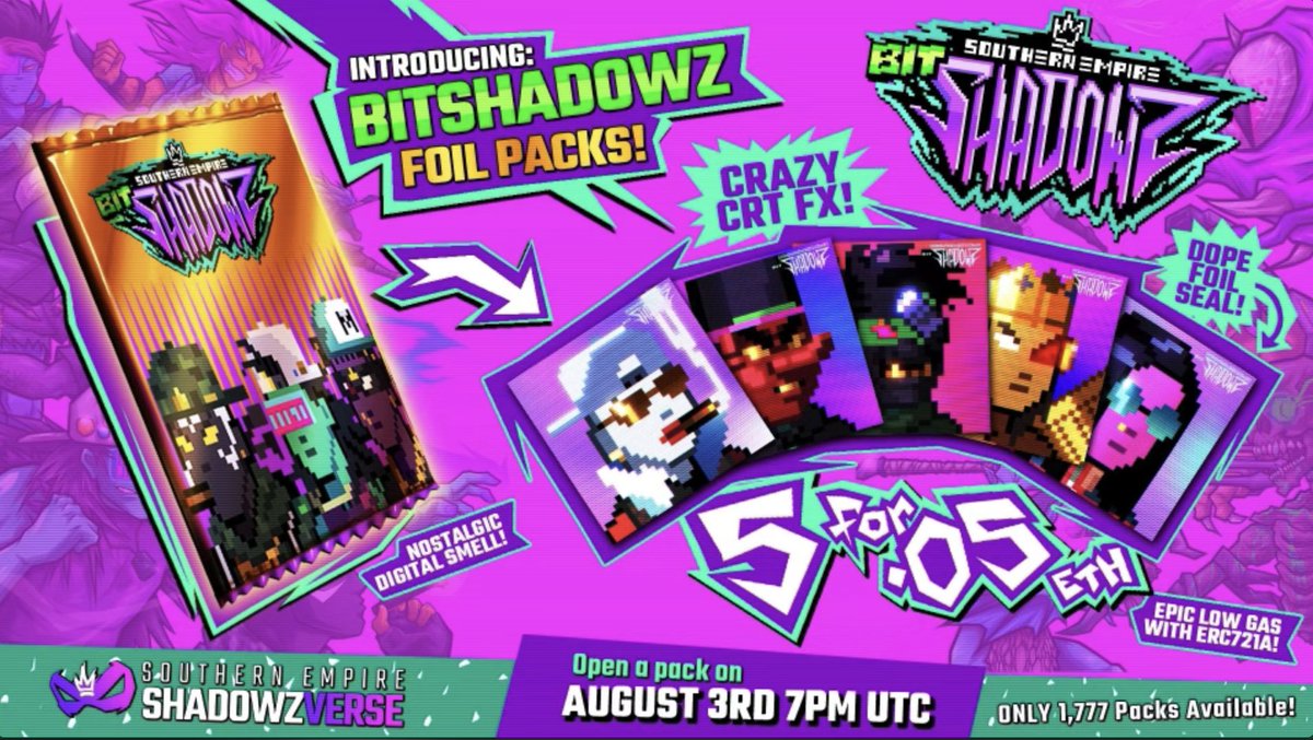 4000 BitShadowz have been released into the <a href="/SHADOWZVERSE/">SHADOWZVERSE</a> 👾👾👾👾

Mint a foil pack of 5 before it's too late! ⏳shadowzverse.io/bitshadowz/mint

We must defeat Retro! 💀💥

#ETH #NFT #FTM