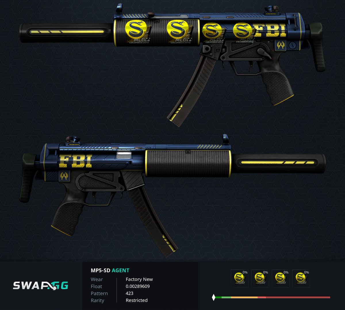 B1U3cs's tweet photo. Skin of the day #15!

This MP5-SD Agent with 4x Splyce Foils is the lovely child of @gmachine_T. This is 1/2 mp5s with 4x splyce foils, also the lowest float mp5 with a .002, and being the 38th lowest float 4x of all skins.

This is a great piece to his collection!

#Skinoftheday https://t.co/C455TBucaH