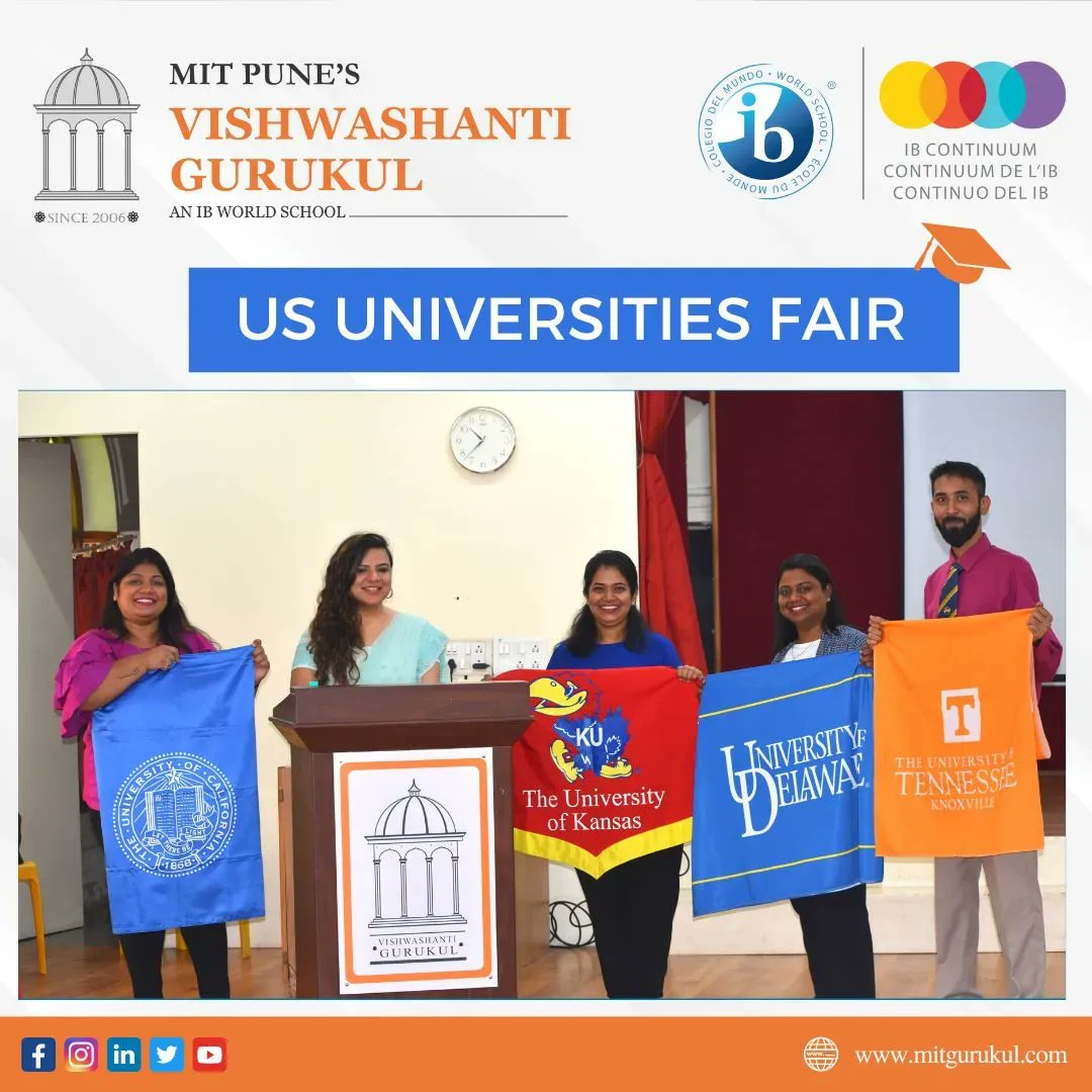 MITGurukulOff's tweet photo. US #UniversitiesFair
Following Universities participated in the Fair at MIT Vishawashanti Gurukul on 6th August 2022 
1. University of Delaware 
2. University of Kansas 
3. University of Tennessee 
4. University of California Santa Cruz 
#EducationFair #UniversityFair #studyUS https://t.co/kTiug2WXBN