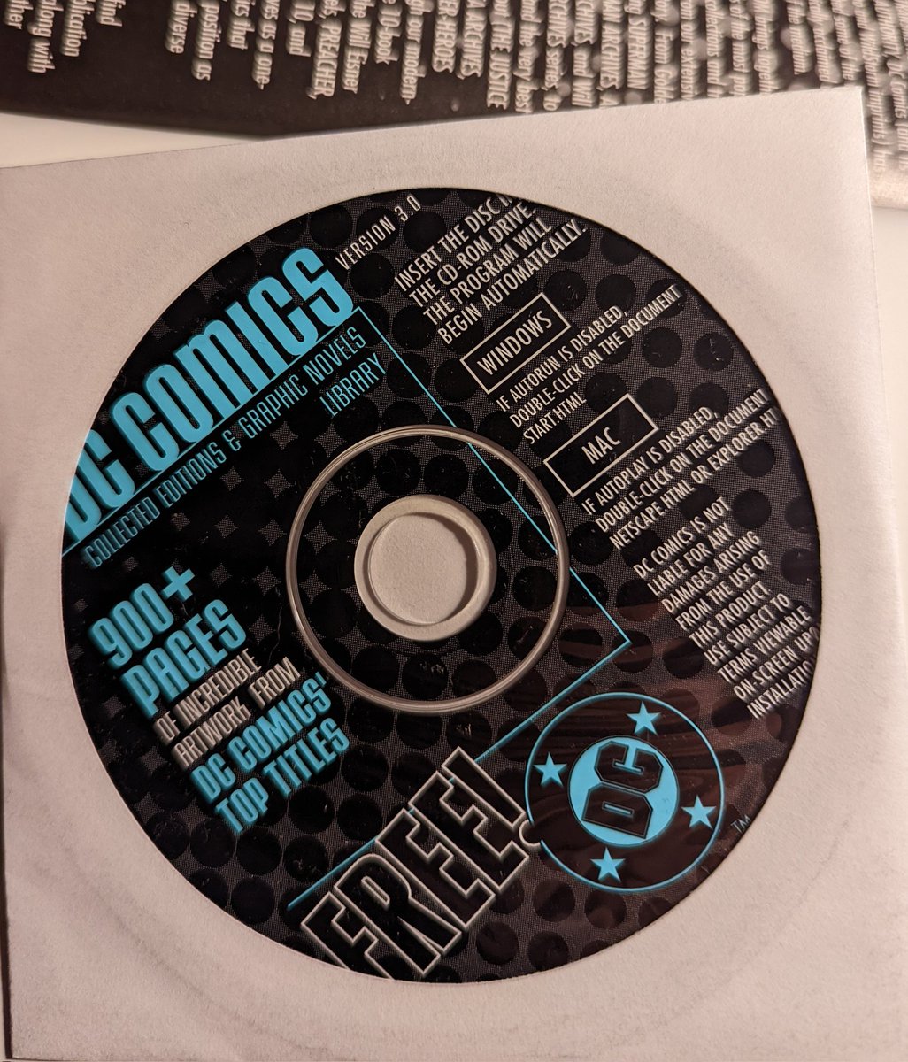 cometstarmoon's tweet photo. Pulled @madolan's copy of "Preludes and Nocturnes" off the shelf and discovered this unopened CD-ROM featuring "900+ pages of artwork from DC Comics' Top Titles." Is it worth finding an external drive to play it? https://t.co/ZimPUG45s3