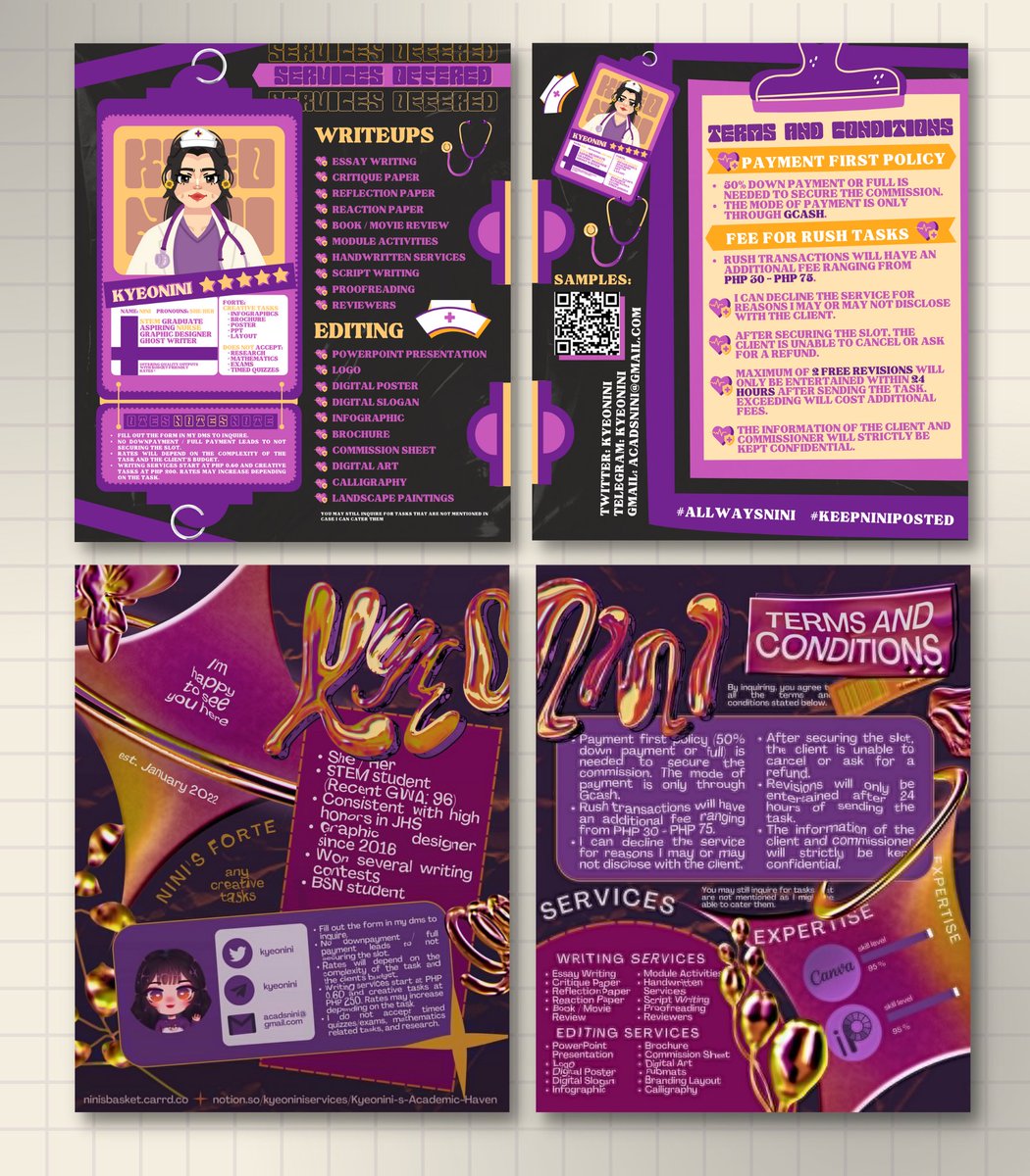 kyeonini's tweet photo. an evolution of my commsheets (plus 3 that didn't go public 'coz i didn't like the designs that much) 😆

these are the perks of wanting to rebrand all the time— more graphic design samples to make and display 🤍 https://t.co/4GoqPCkHHo