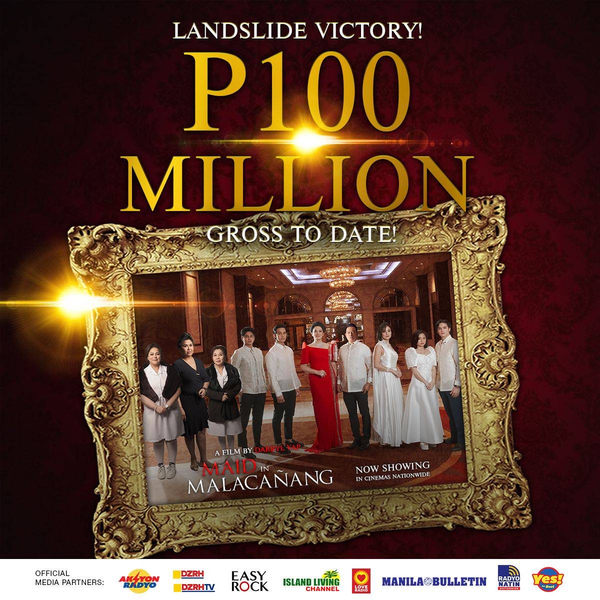Landslide victory! P100 MILLION Gross To Date!

Isang landslide na pasasalamat sa lahat ng sumoporta at tumangkilik sa MAID IN MALACAÑANG. Tunay na VICTORY ito sa Philippine Cinema! NOW SHOWING in OVER 200 CINEMAS nationwide #MAIDinMALACAÑANG