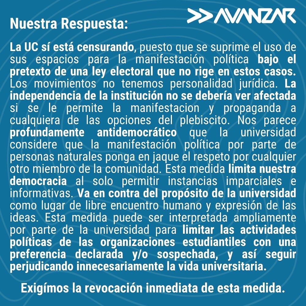 AvanzarU's tweet photo. Declaración oficial de Avanzar UC ante la censura impuesta por la Universidad.

👇👇👇 https://t.co/MdkD7vohFl