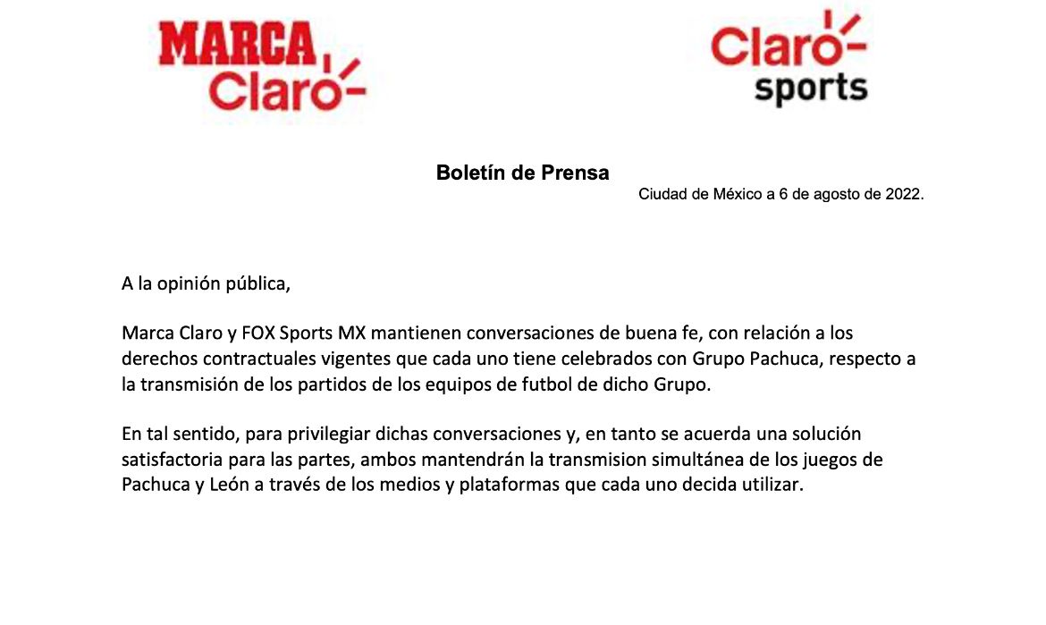 ClaroSports's tweet photo. ❗️Comunicado Oficial

MARCA Claro Y @ClaroSports en relación a las transmisiones de Club Pachuca y Club León https://t.co/RVXwkstcFM