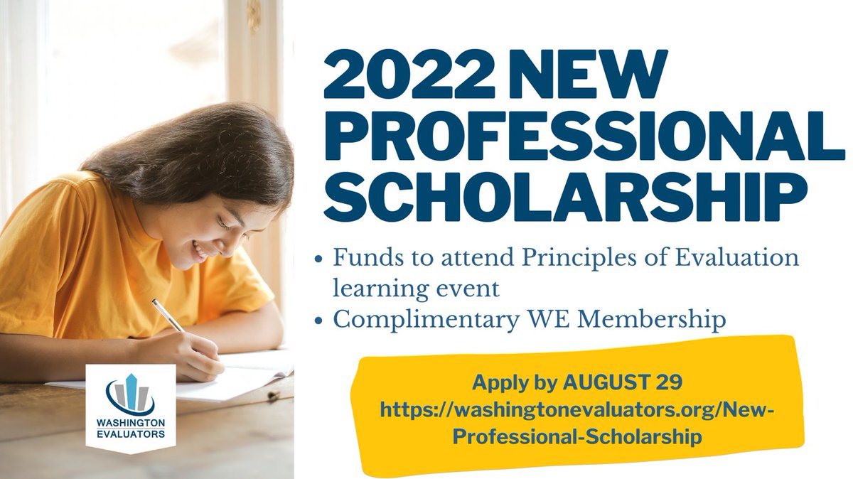 Apply for the WE New Professional Scholarship or sign up to review applications!  Applications due 8/29. 

 Learn more here: washingtonevaluators.org/New-Profession…