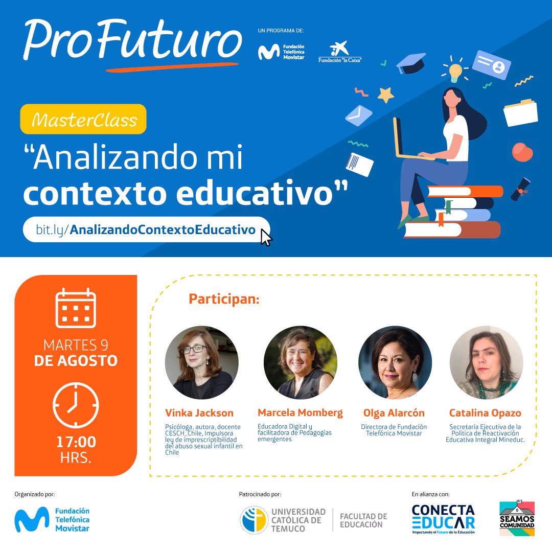 Queridos amigos, los esperamos este martes 9 de Agosto, a las 17:00 hrs para dialogar, reflexionar sobre los desafíos de los contextos educativos junto a <a href="/VinkaJackson/">VinkaJackson</a> #OlgaAlarcon #CatalinaOpazo <a href="/FTMovistarCL/">Fundación Telefónica Movistar Chile</a>