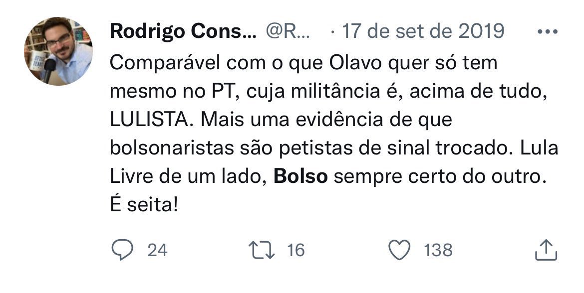 <a href="/Rconstantino/">Rodrigo Constantino</a> O Rodrigo Constantino falando em trairagem. Hahahahahahahahaha!
Vamos ver o Rodrigo Constantino de 2019 👇🏼