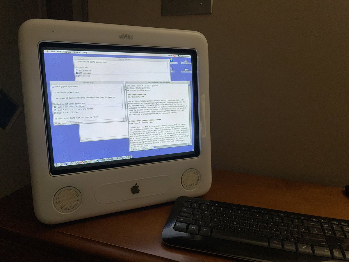 Getting a new-to-me eMac all set up as a nostalgia machine. My Gopher site (gopher://sen.cx) works pretty well on something vaguely era-appropriate!