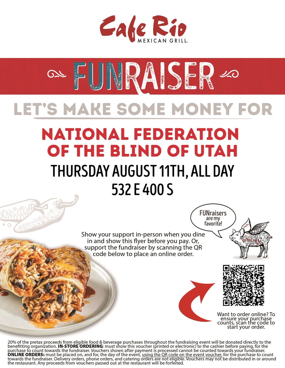 Join us or order online Thursday August 11 between 11:00 AM and 9:00 PM at Café Rio Salt Lake downtown location (532 East 400 South). 
 
Please print or open the attachment.  We will receive 20% of all items purchased.