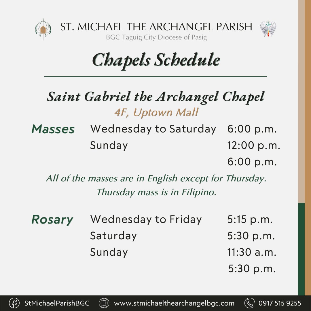 stmichaelbgc's tweet photo. Here are the updated schedule of chapel and other mall masses.
#StMichaelBGC
#saintmichaelbgc
#StMichaelTheArchangelParishBGC
#SMAPCommunity https://t.co/OT2pAtDKT2