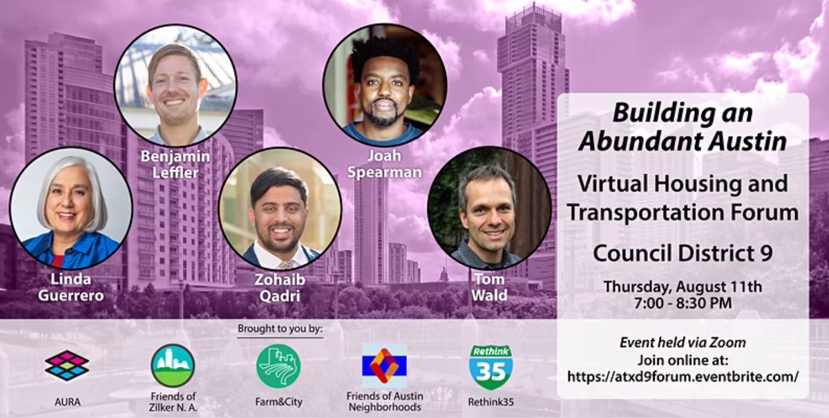Want to know who is running to represent our city council district and what their platform priorities are? Find out at <a href="/AURAatx/">AURA: An Austin for Everyone</a>'s District 9 Candidate virtual forum on August 11 at 7pm! 

Register at: atxd9forum.eventbrite.com