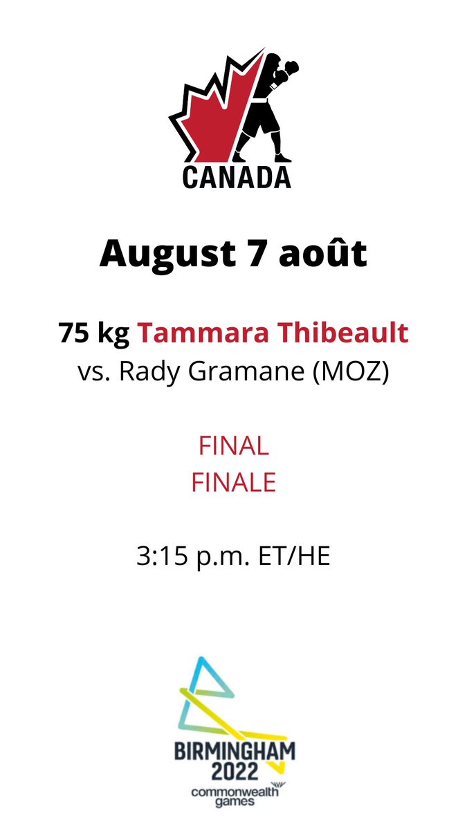 Tammara Thibeault will be going for gold🥇 once again this season. Don’t miss the final tomorrow!

boxingcanada.org/events/commonw…

Tammara Thibeault visera une médaille d’or🥇 encore une fois cette saison. Ne manquez pas la finale demain !

boxingcanada.org/fr/evenements/…