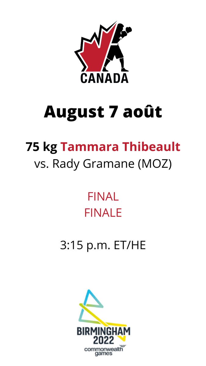 Tammara Thibeault will be going for gold🥇 once again this season. Don’t miss the final tomorrow! boxingcanada.org/events/commonw… Tammara Thibeault visera une médaille d’or🥇 encore une fois cette saison. Ne manquez pas la finale demain ! boxingcanada.org/fr/evenements/…