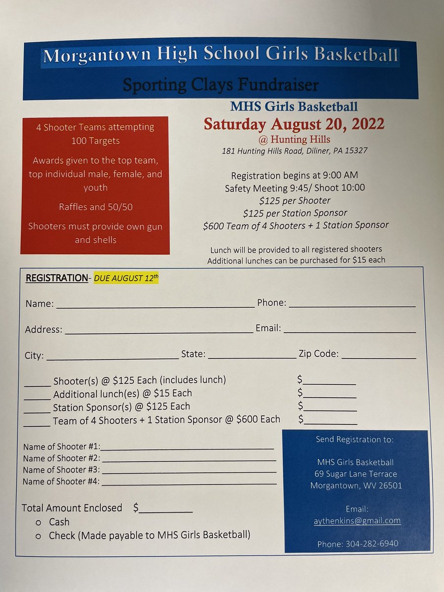 adam_henkins's tweet photo. One week left until registration deadline (August 12). Please consider participating either as a shooter or as a station sponsor. It is going to be a fun event. Support MHS girls basketball team https://t.co/pfaz4OHDbp