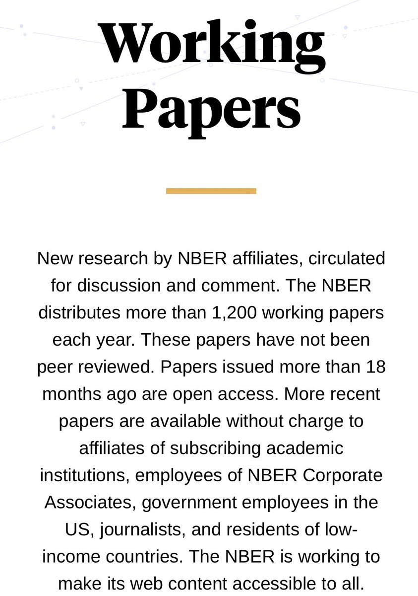 You might assume that you can’t access NBER working papers That’s changed Any WP older than 18 months is now public access And the recent papers accessible to gov, unis, journalists, low-income countries nber.org/papers?page=1&…