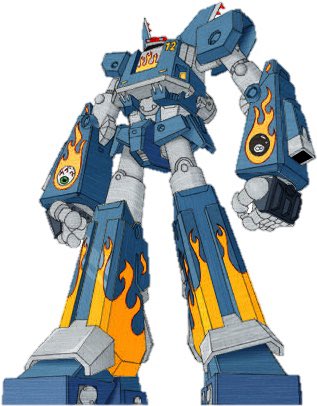 メガスXLR
頭が車の米国産スーパーロボット。未来世界で宇宙人と戦う為に作られたが、手違いで1936年に飛ばされ頭もなくなる。
主人公が頭を車にした挙句操縦系をゲームのコントローラーにしてしまった為、主人公しか動かせなくなってしまった。 