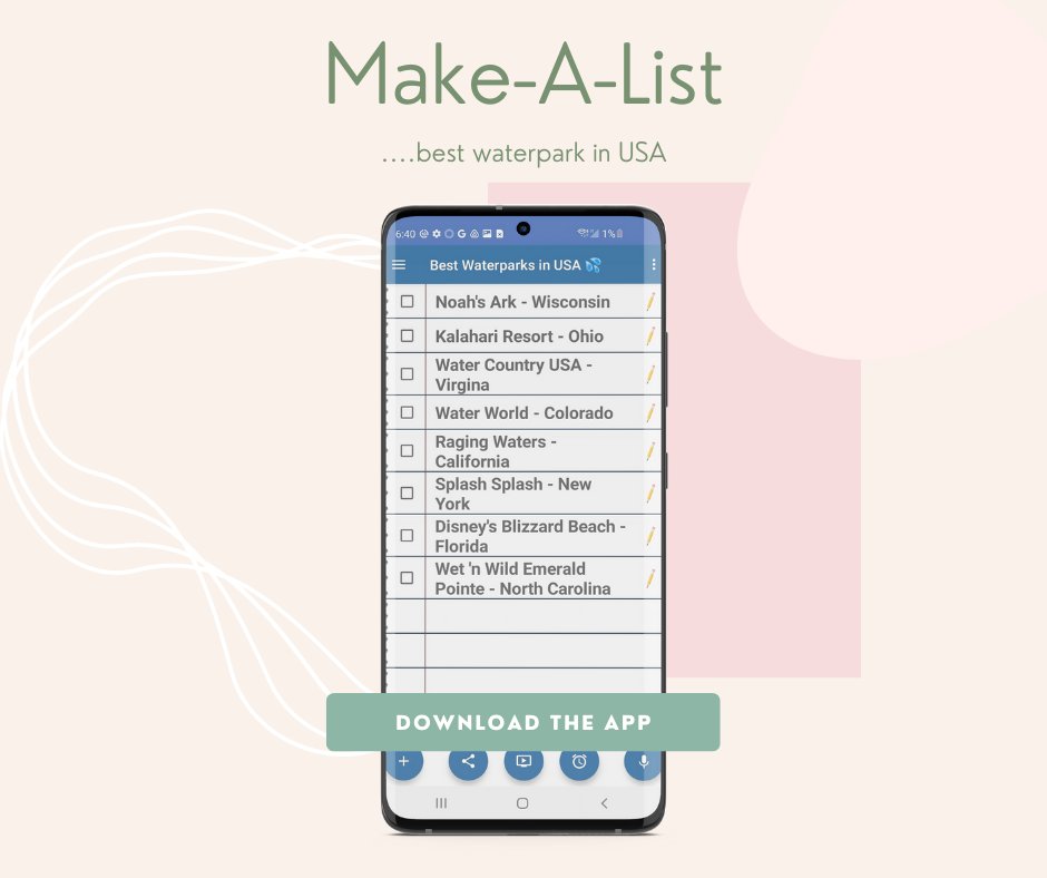 makealistapp's tweet photo. How do you like your summer? We like 
ours warm and sunny—with lots of time spent at the 
waterpark! 😎🌞 Here is a list of the best waterparks 
in the USA. Make-A-List of your own!
#waterparks #happytones #funloving #familytime 
#lists #listmaking #list #memorykeeping https://t.co/sAWSLe5lTr