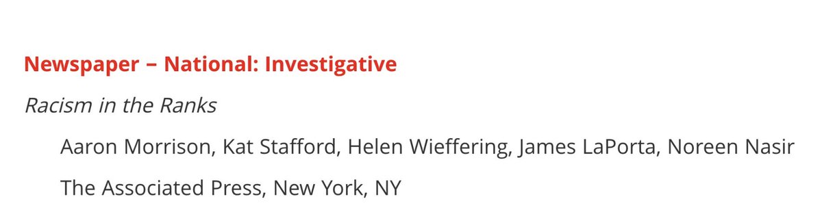 Congrats to @aaronlmorrison @kat__stafford @helenwieffering @noreensnasir and @JimLaPorta for winning the @NABJ Salute to Excellence Award at #NABJNAHJ22  for their 'Racism in the Ranks' series. Winner in the National Newspaper Investigative Reporting category.