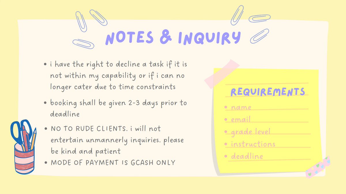maiascomms's tweet photo. 📁 maia’s acad comms

hello comms twt! this is maia your acad helper 🤍 i offer high quality services and fast transactions! feel free to check out my comms sheet below! #commstwt https://t.co/IdOAcCOZLW