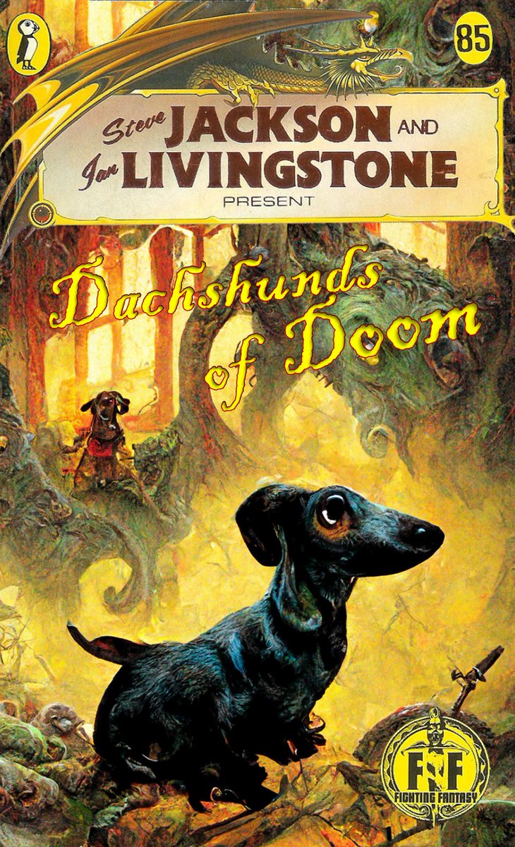 daïly-daïchshunds (@daichshunds) on Twitter photo Image generated by AI #Midjourney, with prompt "Cover of a Fighting Fantasy gamebook, where YOU play the role of a dachshund"
I added a title: <a href="/ian_livingstone/">Ian Livingstone</a> & <a href="/stevejacksonuk/">Steve Jackson</a> present <a href="/fightingfantasy/">Fighting Fantasy: Stand 2-359 at the UK Games Expo</a> 85: Dachshunds of Doom
You have short legs, but only YOU can save Allansia! Image generated by AI #Midjourney, with prompt "Cover of a Fighting Fantasy gamebook, where YOU play the role of a dachshund"
I added a title: <a href="/ian_livingstone/">Ian Livingstone</a> & <a href="/stevejacksonuk/">Steve Jackson</a> present <a href="/fightingfantasy/">Fighting Fantasy: Stand 2-359 at the UK Games Expo</a> 85: Dachshunds of Doom
You have short legs, but only YOU can save Allansia!