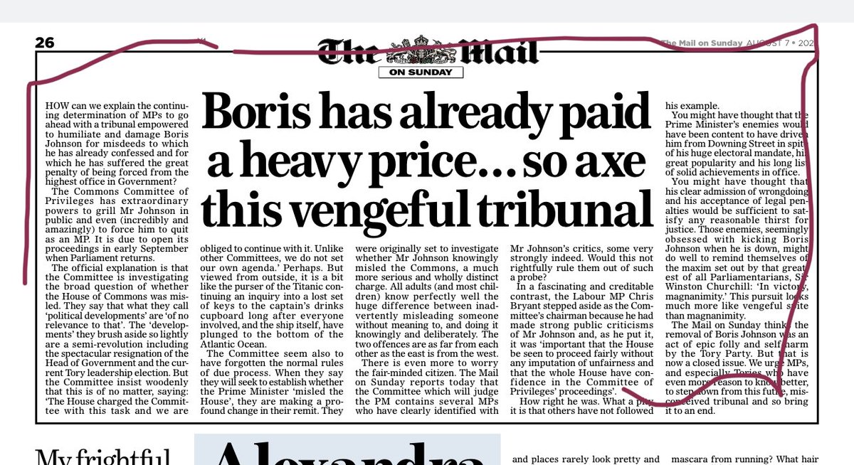davidyelland's tweet photo. Mail on Sunday attacks the Commons' Privileges Committee today just as the Daily Mail has done. A deeply sinister campaign from Paul Dacre who will be enobled by this failed, corrupt PM and is trying to protect any legacy Johnson has left. https://t.co/wo6NvVHcrg