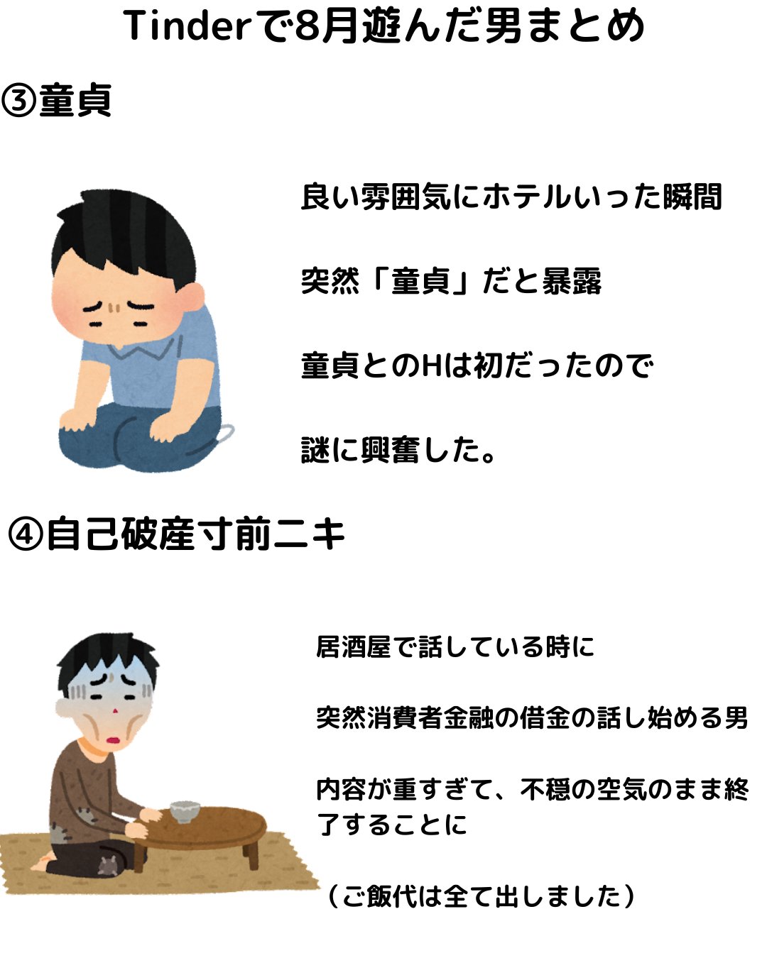 Saki Tinderで8月あった男をイラストや使って 漫画風についてまとめみました 男性一覧 Snsのフォロワー３万人二キ 自称tinder１００人キリ兄貴 童貞 自己破産寸前二キ T Co Pqvu8hlzvi Twitter