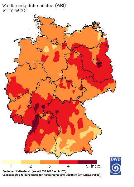 In den nächsten Tagen werden keine nennenswerten Regenfällen erwartet (nur im Norden und Süden kann es lokal ein paar Tropfen geben). Damit steigt auch die #Waldbrandgefahr. Hier die Entwicklung des #DWD-#Waldbrandgefahrenindex vom heutigen Sonntag bis zum kommenden Mittwoch. /V.