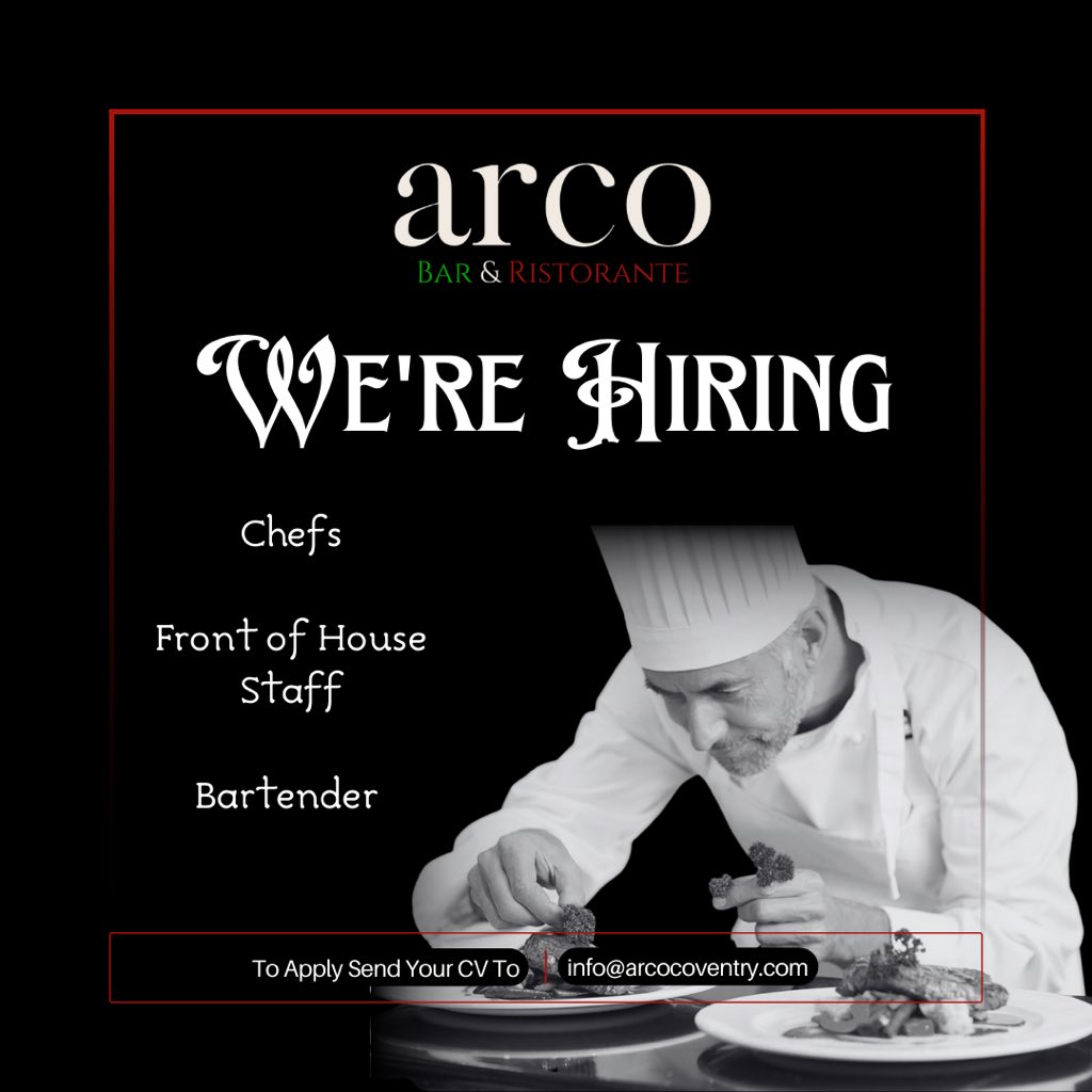 📝 WE’RE HIRING 📝

Want to join our amazing team? 
We’re hiring for the following positions
- Chefs 👩‍🍳
- Front of House Staff 🤝
- Bartender 🍸

Please email your CV to info@arcocoventry.com