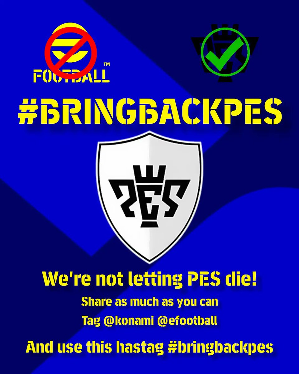We're not letting PES die!
Share as much as you can.

<a href="/we_konami/">eFootball™公式</a> , <a href="/play_eFootball/">eFootball</a> &amp; <a href="/Konami/">Konami</a> ,<a href="/konami_support/">KONAMIお客様相談室【公式】</a>

<a href="/SecardenOk/">SecardenYT</a> <a href="/robbyearon/">Robbye Ron</a>

#BringPESBack 
#eFootball2022 #efootball2023