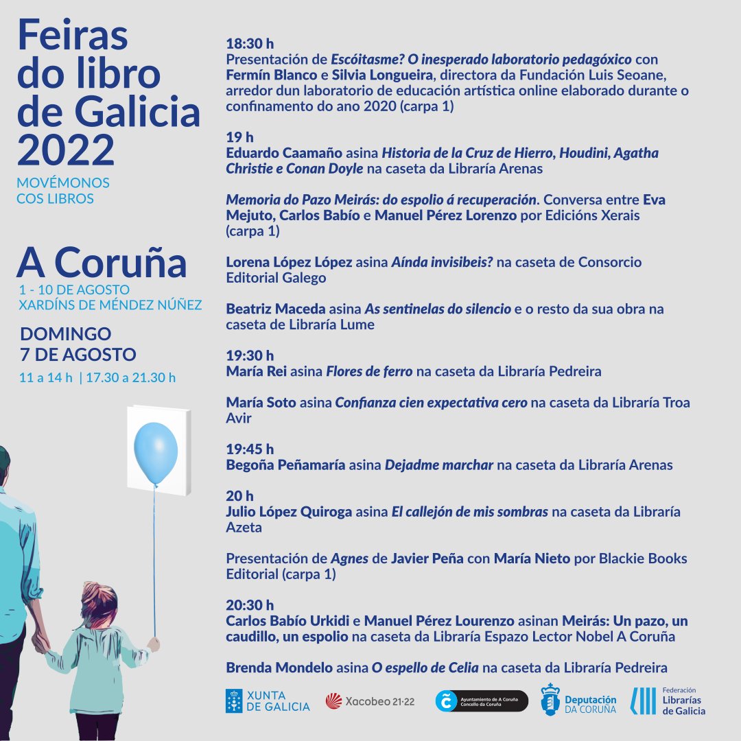 Domingo de lecturas e actividades na #FeiradoLibro da Coruña 💙📘📘📘

Achégate e participa da festa dos libros! Velaquí o programa completo para hoxe 👇

#MovémonosCosLibros