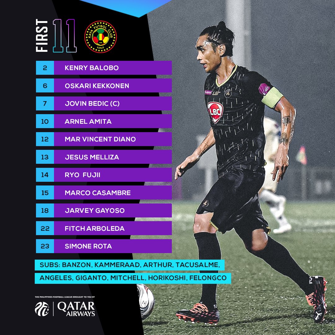WeArePFL's tweet photo. 𝐋𝐈𝐍𝐄𝐔𝐏 | Here are your starters for today's match between @KayaFC and @azkalsdevteam. 👀
#PFL2022 | #QatarAirways | #SupportLocalLeague https://t.co/fh7GpgXlJc