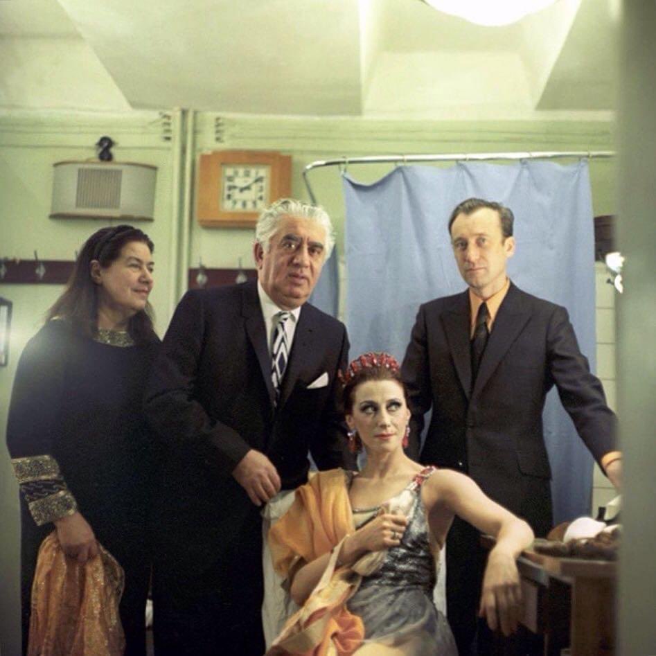 Ballerina Maya Plisetskaya and composers Rodion Shchedrin, Aram Khachaturyan, and Nina Makarova after the ballet "Spartacus”, Moscow, USSR, 1971