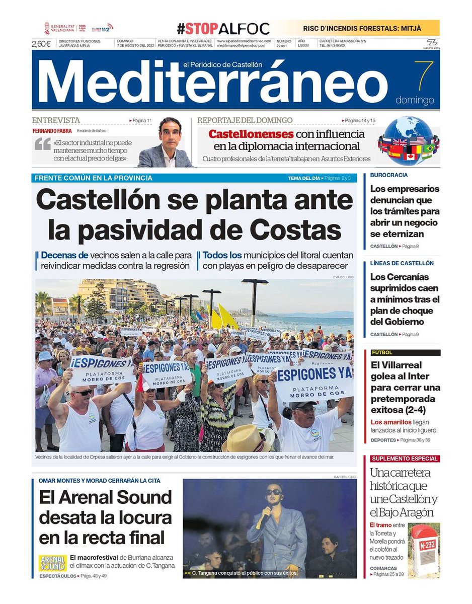 epmediterraneo's tweet photo. ¡Buenos días! Esta es la portada de hoy, domingo 7 de agosto del 2022, de Mediterráneo. Recordad que podéis ampliar esta y otras informaciones en nuestra web, así como en la edición impresa del periódico de Castellón. https://t.co/PERsmFSrxH