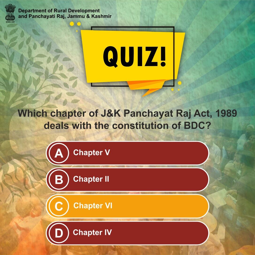 RGSAJK's tweet photo. Chapter VI of J&K Panchayati Raj Act, 1989 deals with the constitution of BDC.
#ruraldevelopment #JammuKashmir #Quiz #Panchayat #GrassRootLevel #Democracy https://t.co/1lat1j3Yif