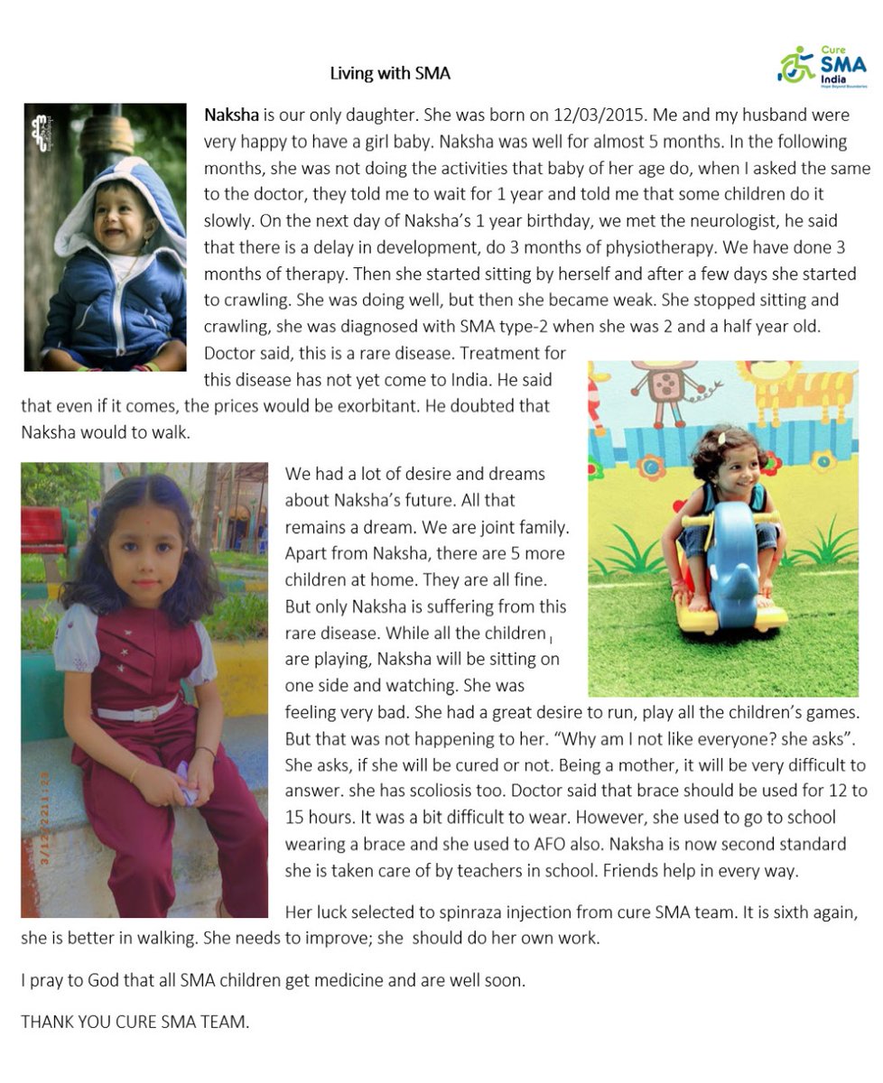 curesmaindia's tweet photo. Today's #SMAwarrior is Naksha Gowda from Telangana. Her delayed milestones were noticed by parents &amp; physiotherapy was started early. Luckily, she got selected in #SIPHAP program too. Thanks to #Spinraza medicine which improved her walking. 
#BattleAgainstSMA
#SMAawarenessmonth https://t.co/IqLJhuwwCK