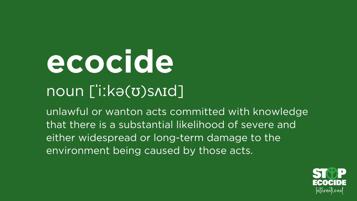 Stop Ecocide International (@ecocidelaw) on Twitter photo #Ecocide means mass-damage & destruction of #ecosystems – severe harm to #nature. When ecocide becomes an international crime, those responsible for such environmental damage will face potential jail-time.
Join the #EcocideLaw movement TODAY: stopecocide.earth/act-now #Ecocide means mass-damage & destruction of #ecosystems – severe harm to #nature. When ecocide becomes an international crime, those responsible for such environmental damage will face potential jail-time.
Join the #EcocideLaw movement TODAY: stopecocide.earth/act-now