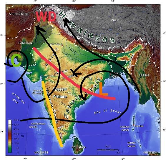 ArunGD34's tweet photo. Weather Systems: A Low is over north-west bay of Bengal⚡⚡ A WD IS lies over Pakistan and a circulation over Arabian🌧️ sea mean 3.1km Monsoon trough runs from Jaisalmer Kota raipur then bay of Bengal🌧️🌧️ an off shore trough runs from Maharashtra coast to kerala 🏝️🌴 https://t.co/dSPSgFn2xp