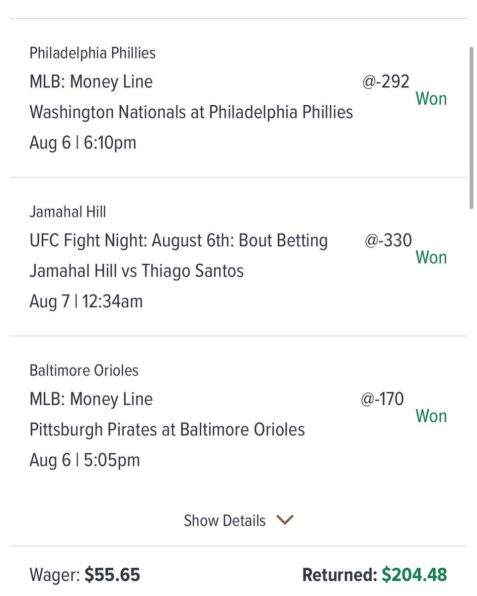 KmcSportsPicks's tweet photo. Here is the recap from today. 4-0 overall and we cash each of our bets to cap off a +4.7u day. Baseball games were virtually no sweat and the fights were both early stoppages. You cannot ask for a better day of free picks. Attached are betslips of mine from today as well. #bettin https://t.co/J9Vl4YbD1Z