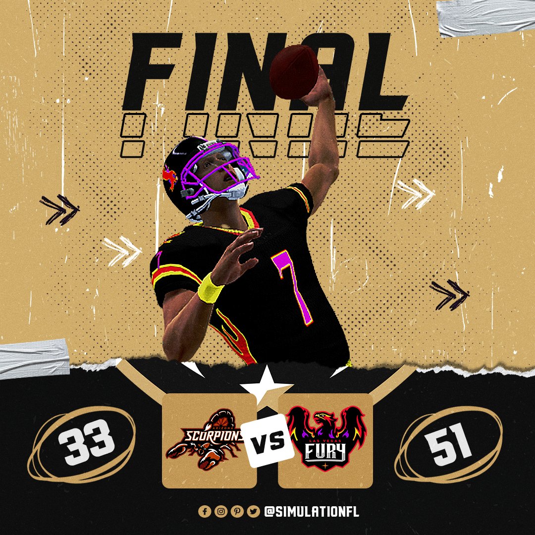 Simulation Football League (@simulationfl) on Twitter photo Joseph Green's sensational second half - including his unforgettable 70-yard heave - helped <a href="/SFL_Fury/">Las Vegas Fury</a> stun <a href="/SFLArizona/">Arizona Scorpions</a> in a runaway Saturday night at Silver State Stadium. Four of Mason Kirby's five catches went for touchdowns as the Fury took control of the West. #makeanimpact Joseph Green's sensational second half - including his unforgettable 70-yard heave - helped <a href="/SFL_Fury/">Las Vegas Fury</a> stun <a href="/SFLArizona/">Arizona Scorpions</a> in a runaway Saturday night at Silver State Stadium. Four of Mason Kirby's five catches went for touchdowns as the Fury took control of the West. #makeanimpact