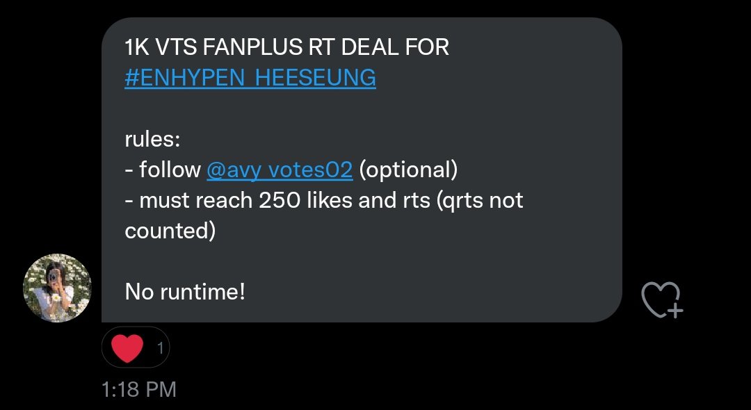 lovessjw's tweet photo. 1K VTS FANPLUS RT DEAL FOR #ENHYPEN_HEESEUNG 

rules: 
- follow @avy_votes02 (optional) 
- must reach 250 likes and rts (qrts not counted)

No runtime!

~let's finish this deal quickly !

#ENFuelUp #ENVOOSTERS #ENHYPEN https://t.co/dhobxwTvsY