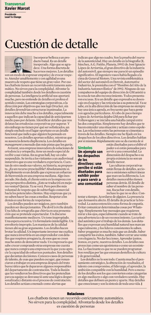 Cuestión de detalle
hoy en <a href="/LaVanguardia/">La Vanguardia</a> 

Los detalles nos conectan, nos distancian, nos sorprenden, nos decepcionan, los detalles decantan decisiones, actúan como espoletas o como alertas... no hay nada más radicalmente humano que los detalles lavanguardia.com/economia/20220…