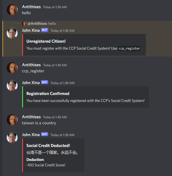 antithises's tweet photo. -99999999999 social credit score (social credit score bot that I'm working on) https://t.co/rrV5qD8Z6S