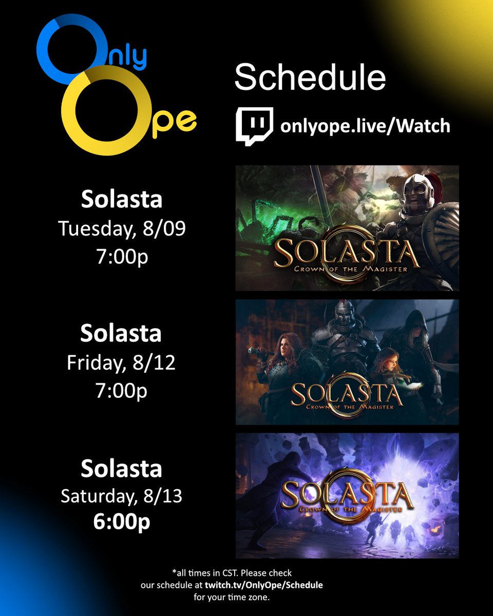OfficialOnlyOpe's tweet photo. Schedule time!
More Solasta!
#OnlyOpe #Solasta #dnd #dnd5e https://t.co/vu8V0gj9se