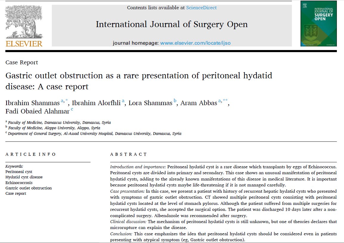 ibrahimsh_md's tweet photo. My first case report.
Talking about peritoneal hydatid cysts which manifest with gastric outlet obstruction symptoms.
I am excited to conduct new paper.
Check it out here: https://t.co/3Jd1qPl7Ol
#img #MedTwitter #research https://t.co/OlZWVn2n0C