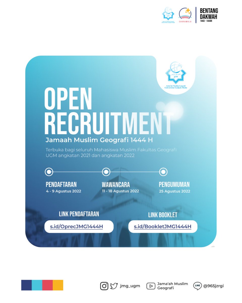 🌐 instagram.com/p/Cg70xM-BAe7/…
[OPEN RECRUITMENT JMG 1444 H]

Assalamu'alaikum, Sobat Geografi ☺️👋👋👋

Bismillahirrahmaanirrahiim, 
Open Recruitment Jamaah Muslim Geografi 1444 H resmi dibuka, nih! 🕌

Jama'ah Muslim Geografi menunggu kalian!!💫