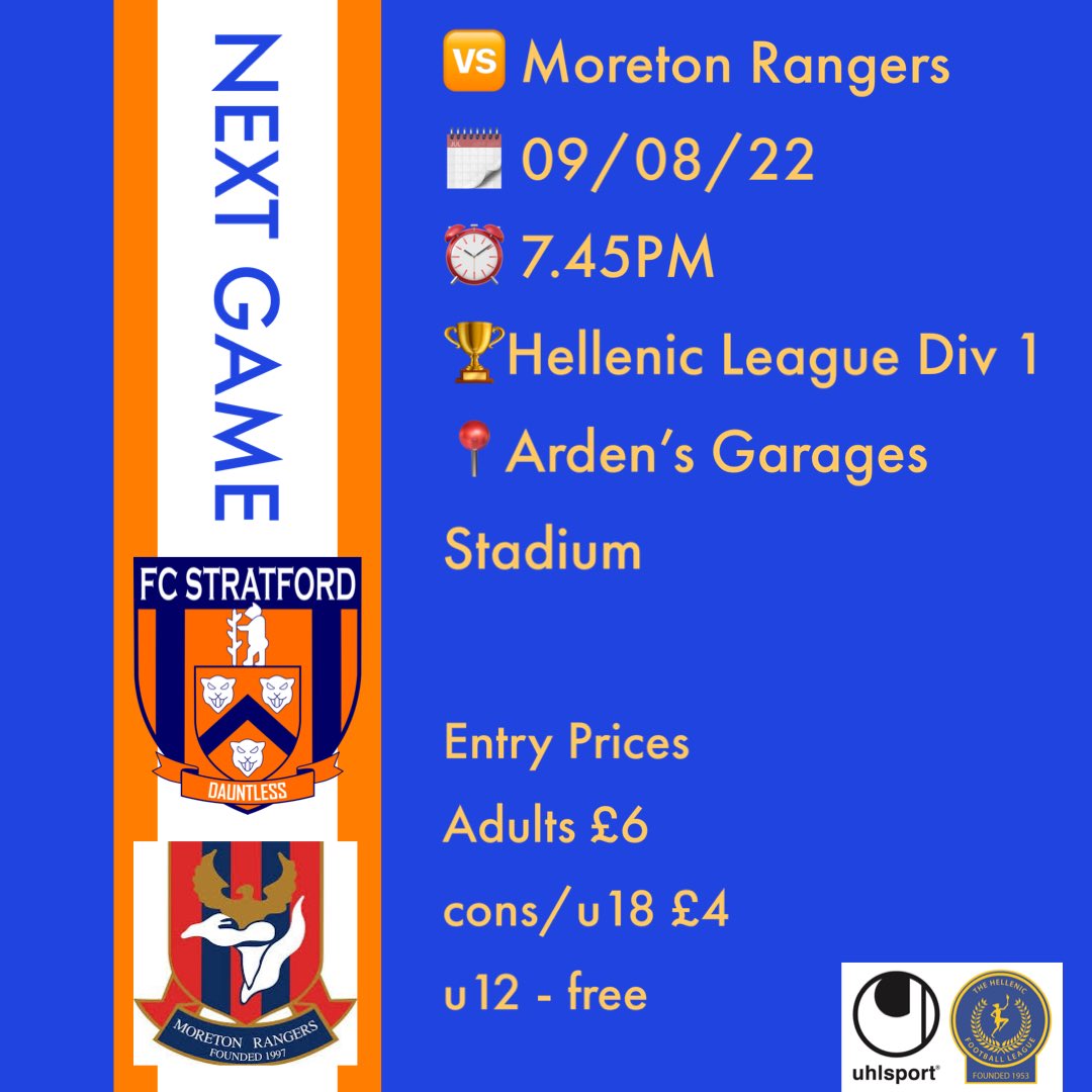 NEXT GAME | 🆚 Moreton Rangers <a href="/MoretonRangers/">Moreton Rangers FC</a> 
🗓️ 09/08/22
⏰ 7.45PM
🏆<a href="/HellenicLeague/">Hellenic League</a> Div 1
📍Arden’s Garages Stadium