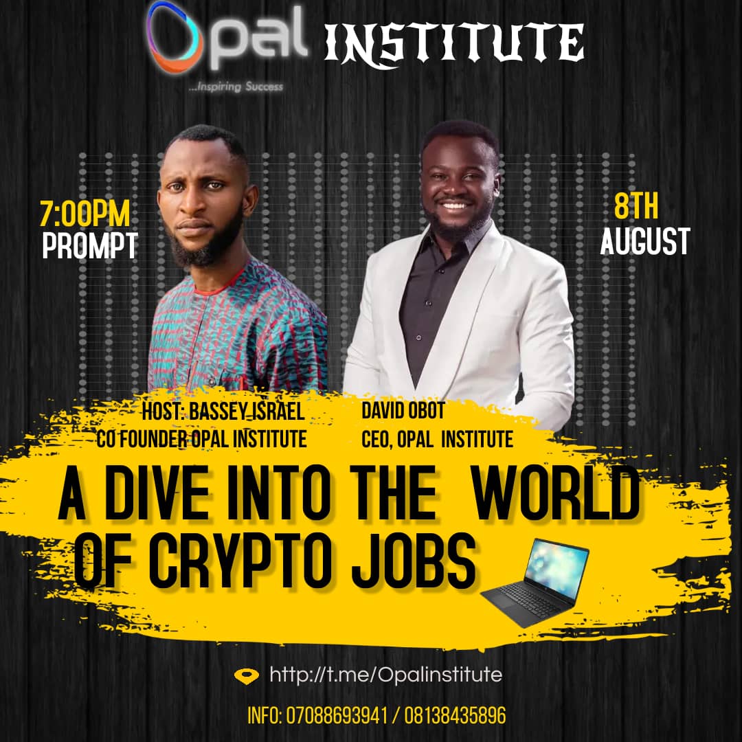 0pal007's tweet photo. Welcome to OPAL INSTITUTE 🤝
Learn How to work remotely and Earn a living.
Take this Opportunity to learn Crypto Jobs.
Date: 8th, August 2022
Venue: https://t.co/Ct1XJf9JFJ
Time: 6pm UTC
Fee: FREE🔥🔥
Host: @BasseyIsrael4 
CEO: @HenryOpal7 
#defi #ambassador https://t.co/3lIBx388OL