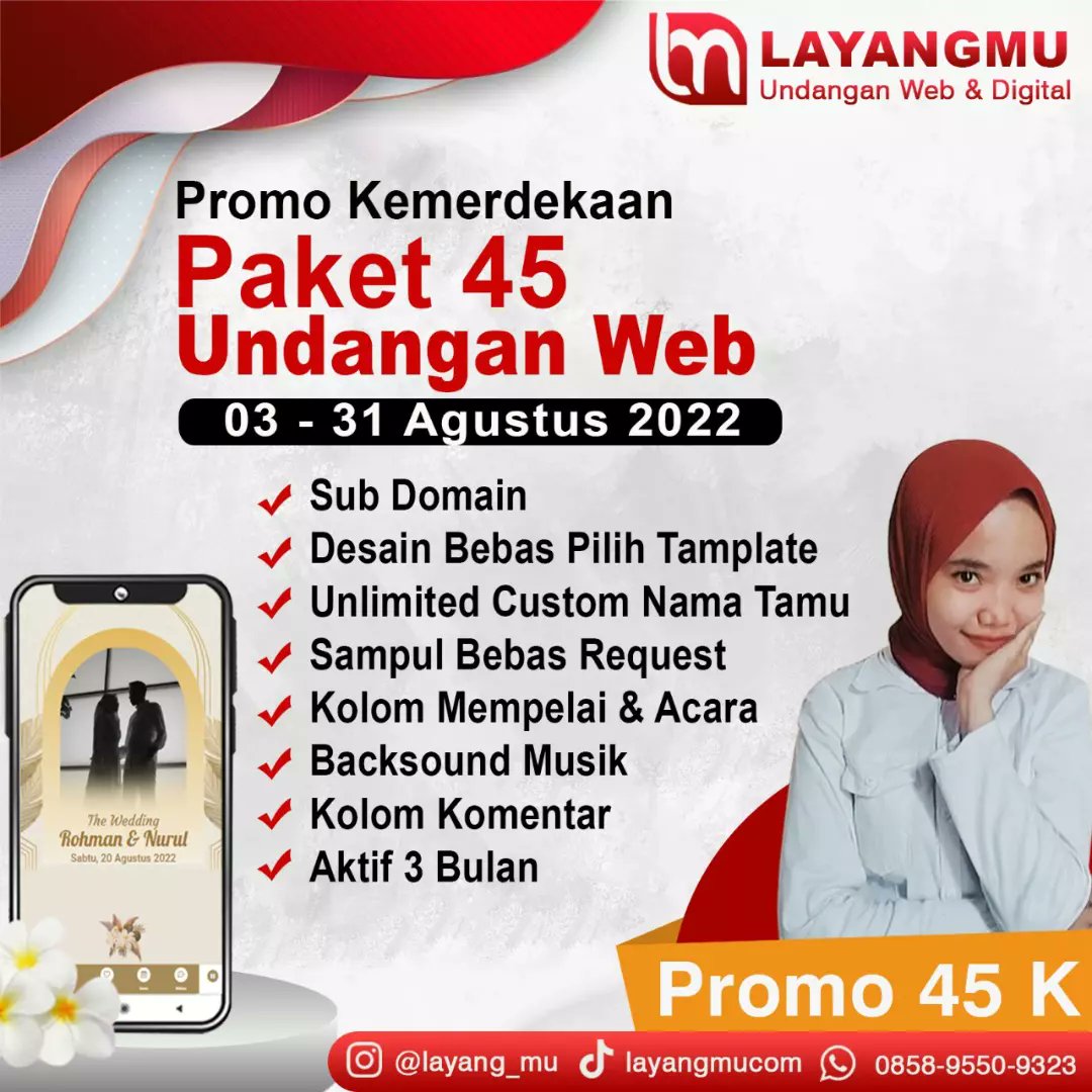 Layangmucom's tweet image. Promo Kemerdekaan !!
Untuk menyambut bulan Agustus, #layangmu ada promo khusus untuk memerdekakan mu dari masa kejombloan.

Paket 45 (Rp. 45.000)
More info klik link / Chat admin.

#agustus #promoagustus #undanganweb #undangannikah #wedding #nikah #lamaran