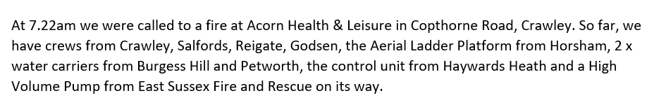 WestSussexFire's tweet photo. We are currently at a fire at Acorn Health &amp; Leisure in Copthorne Road, Crawley. We are being supported by crews from @SurreyFRS and equipment from @EastSussexFRS. For the situation as it currently stands, please see the details below... https://t.co/w8FQA1KOOC